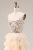 Apricot Strapless Tiered A-Line Sequins Beaded Long Prom Dress with Slit