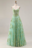 Green A-Line Tulle Corset Beaded Long Prom Dress with Sequins