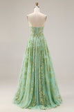 Green A-Line Tulle Corset Beaded Long Prom Dress with Sequins