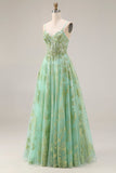 Green A-Line Tulle Corset Beaded Long Prom Dress with Sequins