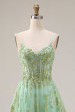 Green A-Line Tulle Corset Beaded Long Prom Dress with Sequins