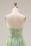 Green A-Line Tulle Corset Beaded Long Prom Dress with Sequins