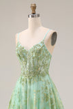 Green A-Line Tulle Corset Beaded Long Prom Dress with Sequins