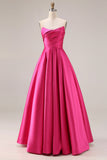 Elegant Hot Pink A-Line Strapless Pleated Bodice Satin Long Prom Dress