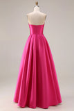 Elegant Hot Pink A-Line Strapless Pleated Bodice Satin Long Prom Dress