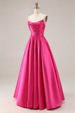 Elegant Hot Pink A-Line Strapless Pleated Bodice Satin Long Prom Dress