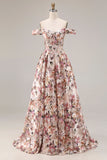 Off The Shoulder Floral A-Line Corset Desert Rose Long Prom Dress