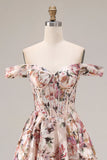 Off The Shoulder Floral A-Line Corset Desert Rose Long Prom Dress