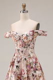 Off The Shoulder Floral A-Line Corset Desert Rose Long Prom Dress