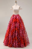 Fuchsia A-Line Off The Shoulder Beaded Sequin Long Prom Dress with 3D Flowers
