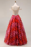 Fuchsia A-Line Off The Shoulder Beaded Sequin Long Prom Dress with 3D Flowers