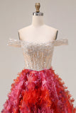 Fuchsia A-Line Off The Shoulder Beaded Sequin Long Prom Dress with 3D Flowers