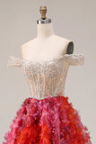 Fuchsia A-Line Off The Shoulder Beaded Sequin Long Prom Dress with 3D Flowers