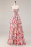 Pink Floral Print Sweetheart A-Line Corset Tiered Long Prom Dress with Ruffles