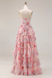 Pink Floral Print Sweetheart A-Line Corset Tiered Long Prom Dress with Ruffles