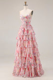 Pink Floral Print Sweetheart A-Line Corset Tiered Long Prom Dress with Ruffles