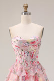 Pink Floral Print Sweetheart A-Line Corset Tiered Long Prom Dress with Ruffles