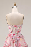 Pink Floral Print Sweetheart A-Line Corset Tiered Long Prom Dress with Ruffles