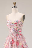 Pink Floral Print Sweetheart A-Line Corset Tiered Long Prom Dress with Ruffles