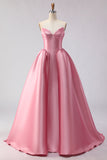 Blush Pink A Line Sweetheart Satin Long Prom Dress with Structured Bodice and Full Skirt