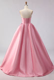 Blush Pink A Line Sweetheart Satin Long Prom Dress with Structured Bodice and Full Skirt