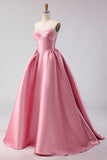 Blush Pink A Line Sweetheart Satin Long Prom Dress with Structured Bodice and Full Skirt