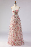 Light Pink A-Line Floral Printed Corset Long Prom Dress with Ruffles