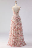 Light Pink A-Line Floral Printed Corset Long Prom Dress with Ruffles