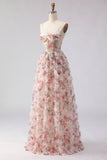 Light Pink A-Line Floral Printed Corset Long Prom Dress with Ruffles
