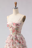 Light Pink A-Line Floral Printed Corset Long Prom Dress with Ruffles