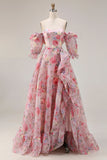 Pink Floral A Line Off The Shoulder Puff Sleeves Chiffon Long Prom Dress with Ruffled Skirt
