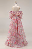 Pink Floral A Line Off The Shoulder Puff Sleeves Chiffon Long Prom Dress with Ruffled Skirt