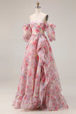 Pink Floral A Line Off The Shoulder Puff Sleeves Chiffon Long Prom Dress with Ruffled Skirt