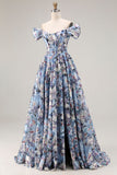 Blue A-Line Off The Shoulder Corset Floral Long Prom Dress with Slit