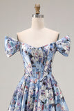 Blue A-Line Off The Shoulder Corset Floral Long Prom Dress with Slit