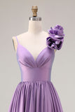 Purple A-Line Spaghetti Straps 3D Flower Ruched Long Prom Dress with Slit