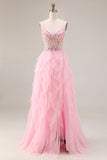 Pink A-Line Beaded Ruffled Corset Sequin Tulle Long Prom Dress with Slit