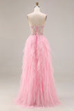 Pink A-Line Beaded Ruffled Corset Sequin Tulle Long Prom Dress with Slit