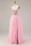 Pink A-Line Beaded Ruffled Corset Sequin Tulle Long Prom Dress with Slit