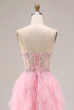 Pink A-Line Beaded Ruffled Corset Sequin Tulle Long Prom Dress with Slit