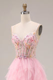 Pink A-Line Beaded Ruffled Corset Sequin Tulle Long Prom Dress with Slit