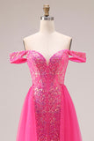 Sparkly Fuchsia Mermaid Off The Shoulder Convertible Long Prom Dress with Sequins