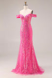Sparkly Fuchsia Mermaid Off The Shoulder Convertible Long Prom Dress with Sequins