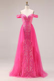 Sparkly Fuchsia Mermaid Off The Shoulder Convertible Long Prom Dress with Sequins