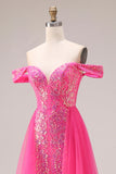 Sparkly Fuchsia Mermaid Off The Shoulder Convertible Long Prom Dress with Sequins