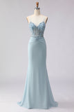 Dusty Blue Mermaid Corset Beaded Long Prom Dress with Lace Up Back
