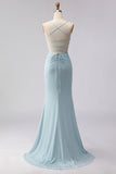 Dusty Blue Mermaid Corset Beaded Long Prom Dress with Lace Up Back