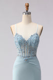 Dusty Blue Mermaid Corset Beaded Long Prom Dress with Lace Up Back