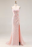 Sparkly Pink Mermaid Beaded Backless Embroidered Long Prom Dress with Slit
