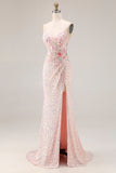 Sparkly Pink Mermaid Beaded Backless Embroidered Long Prom Dress with Slit